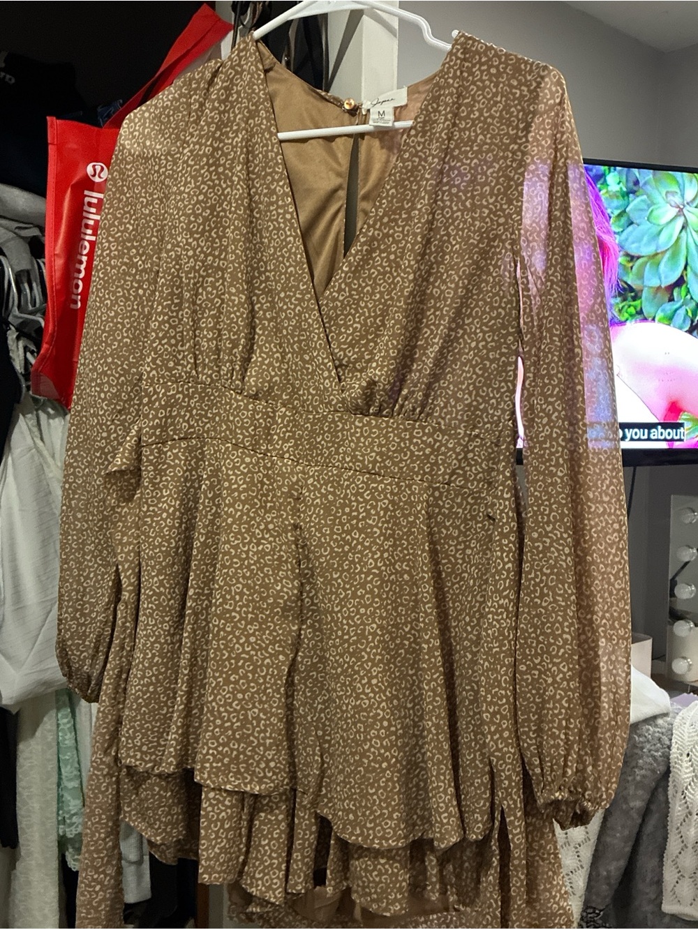 Brown Tiered Long Sleeve V-Neck romper